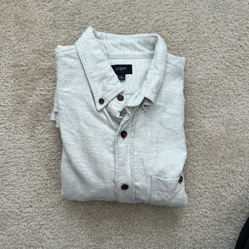 J.Crew Light Gray Button Up with Brown Elbow Patches - M